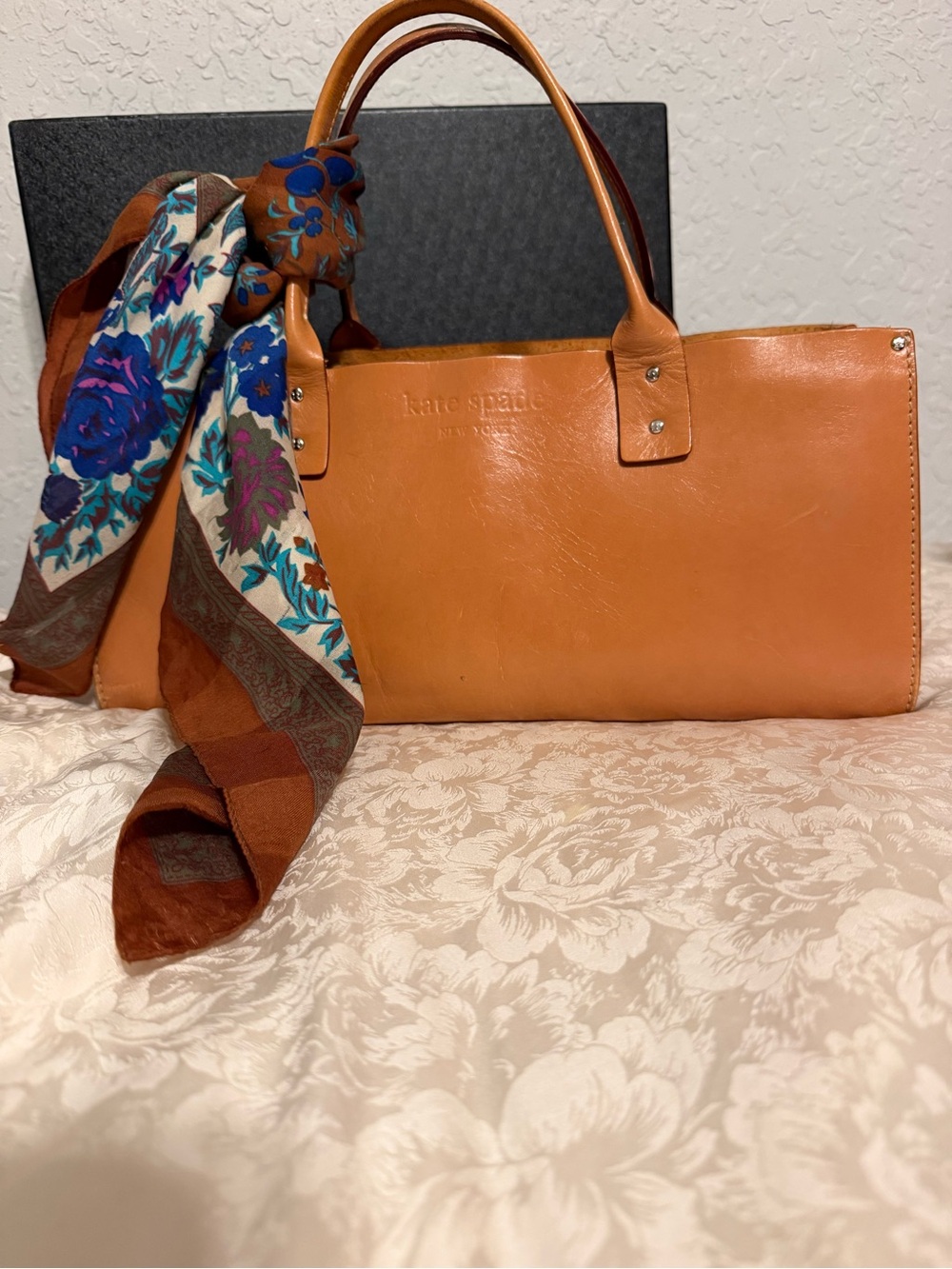 kate spade tan leather shoulder bag with floral scarf - Picture 2 of 7